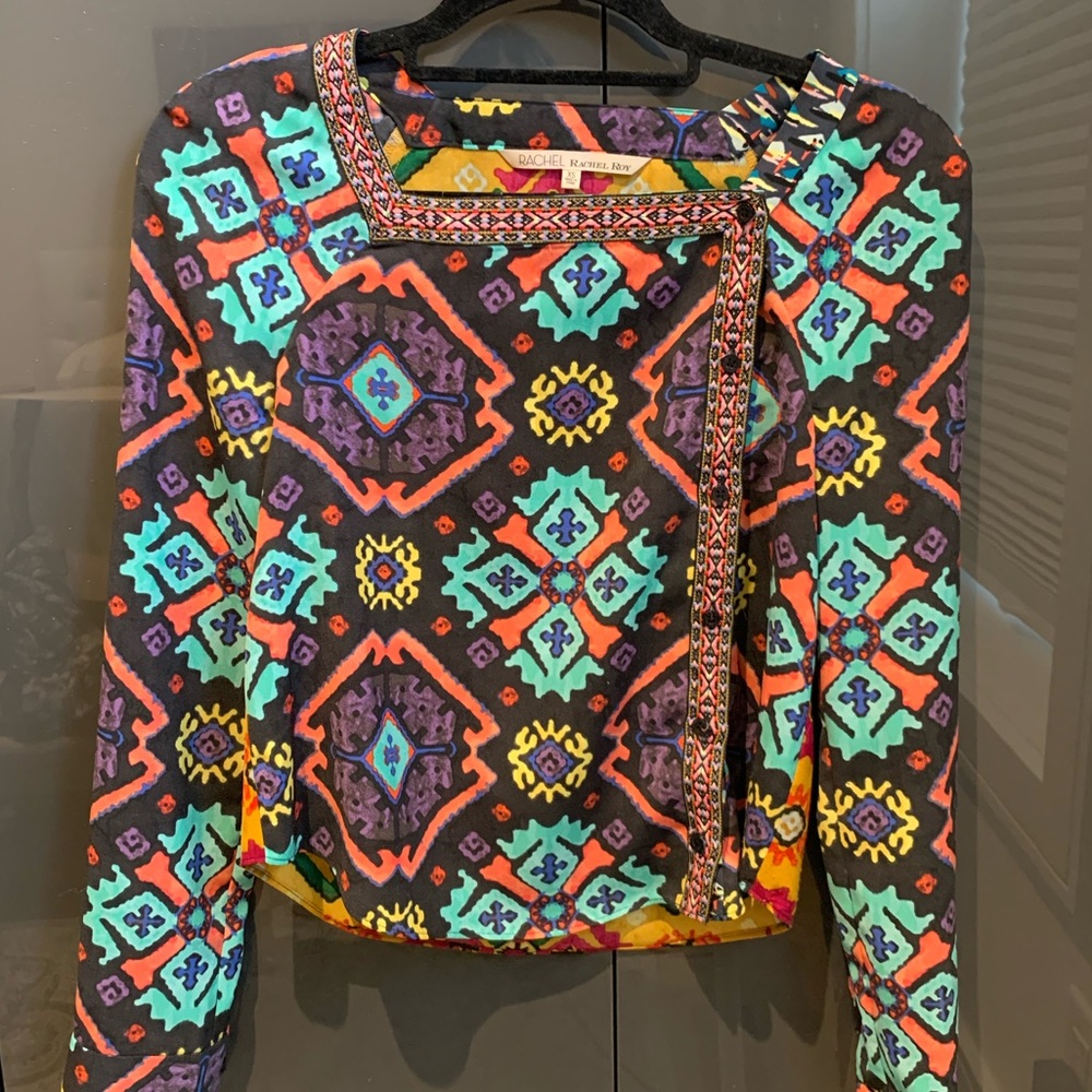Rachael Zoe fun bold colourful patterned button up long sleeve blouse xsmall